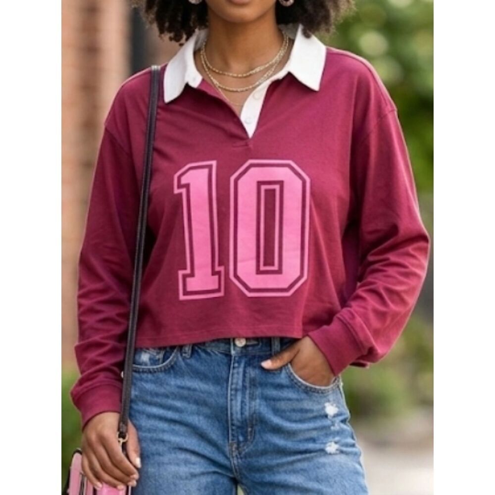 Mighty Fine Burgundy Long Sleeve Shirt with Pink Number 10 Size L